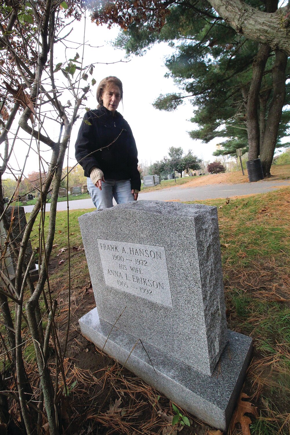 BRINGING THEM TOGETHER:  When  Frank’s kin  could not be located to gain approval to place a stone next to his parents’ marker, Gloria Coppola paid to have a bench placed across from their final resting place.